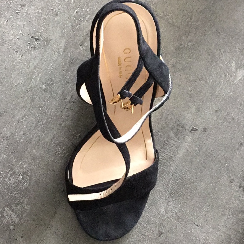 Gucci black with Gold wedge sandals with stone detailed Heel